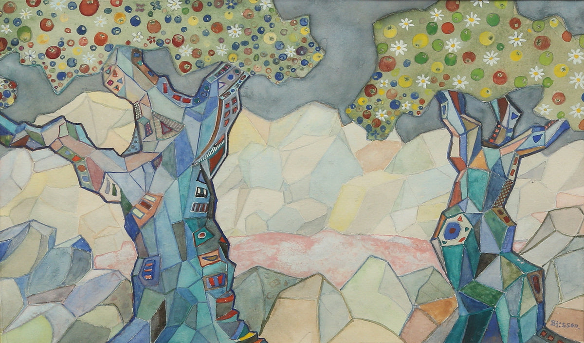 Cubist landscape mixed media signed Bj:sson