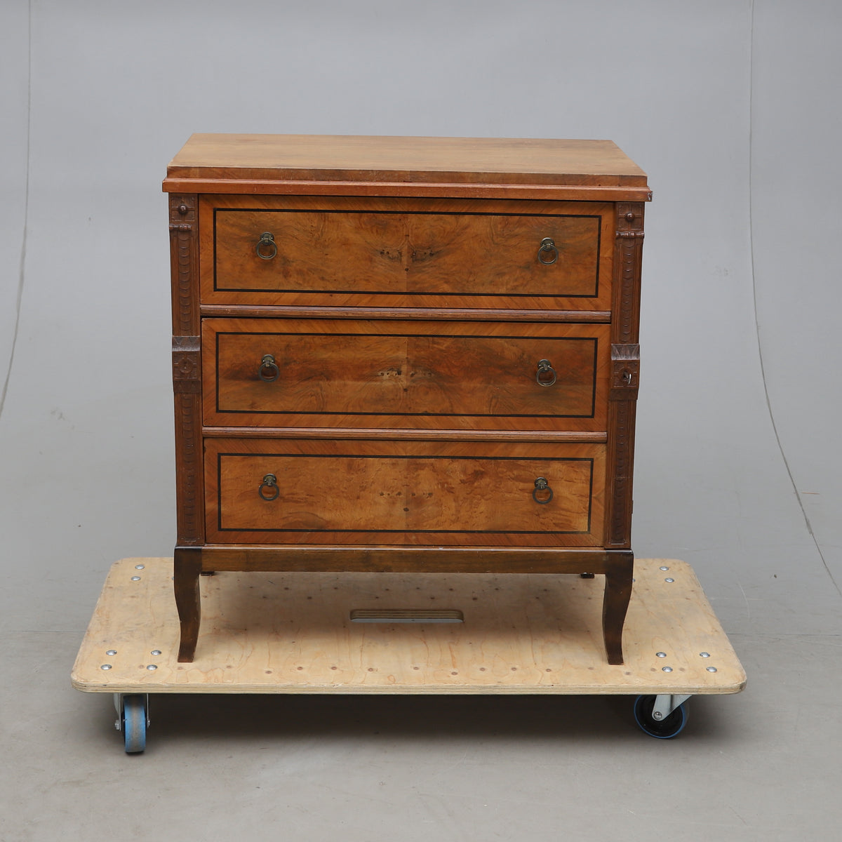Walnut Veneered Three-Drawer Chest with Ebonized Details, Late 19th Century