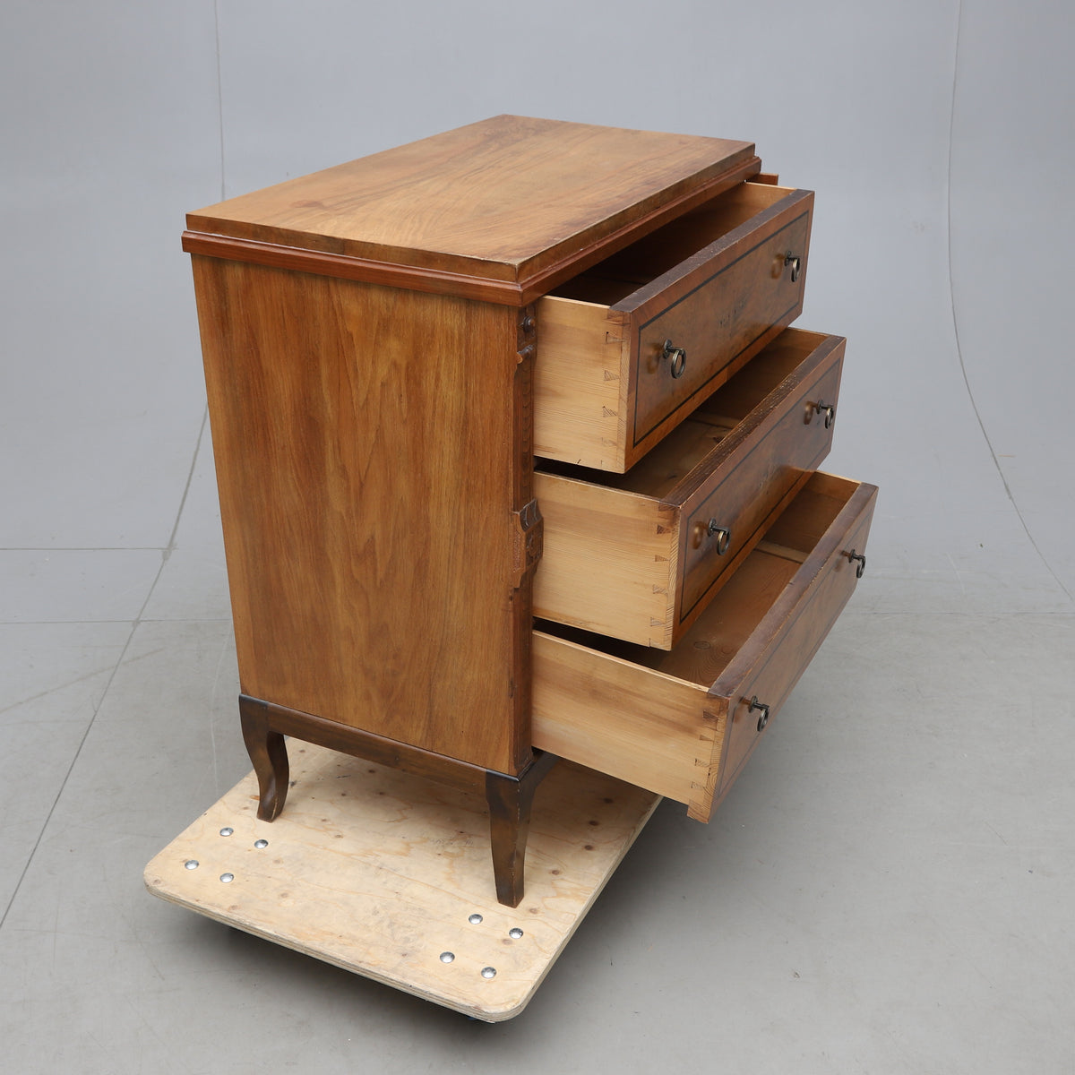 Walnut Veneered Three-Drawer Chest with Ebonized Details, Late 19th Century