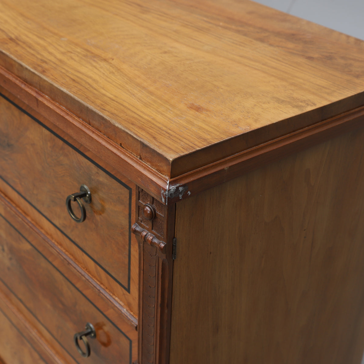 Walnut Veneered Three-Drawer Chest with Ebonized Details, Late 19th Century
