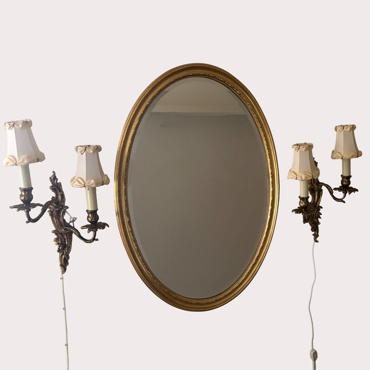 Brass and wood mirror with matching sconces