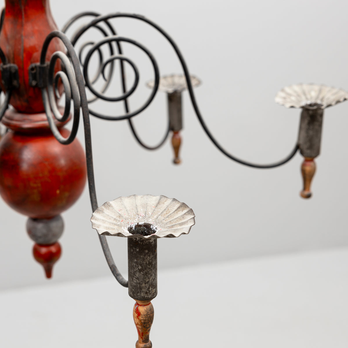 Swedish Painted Wood and Wrought Iron Chandelier, 20th Century
