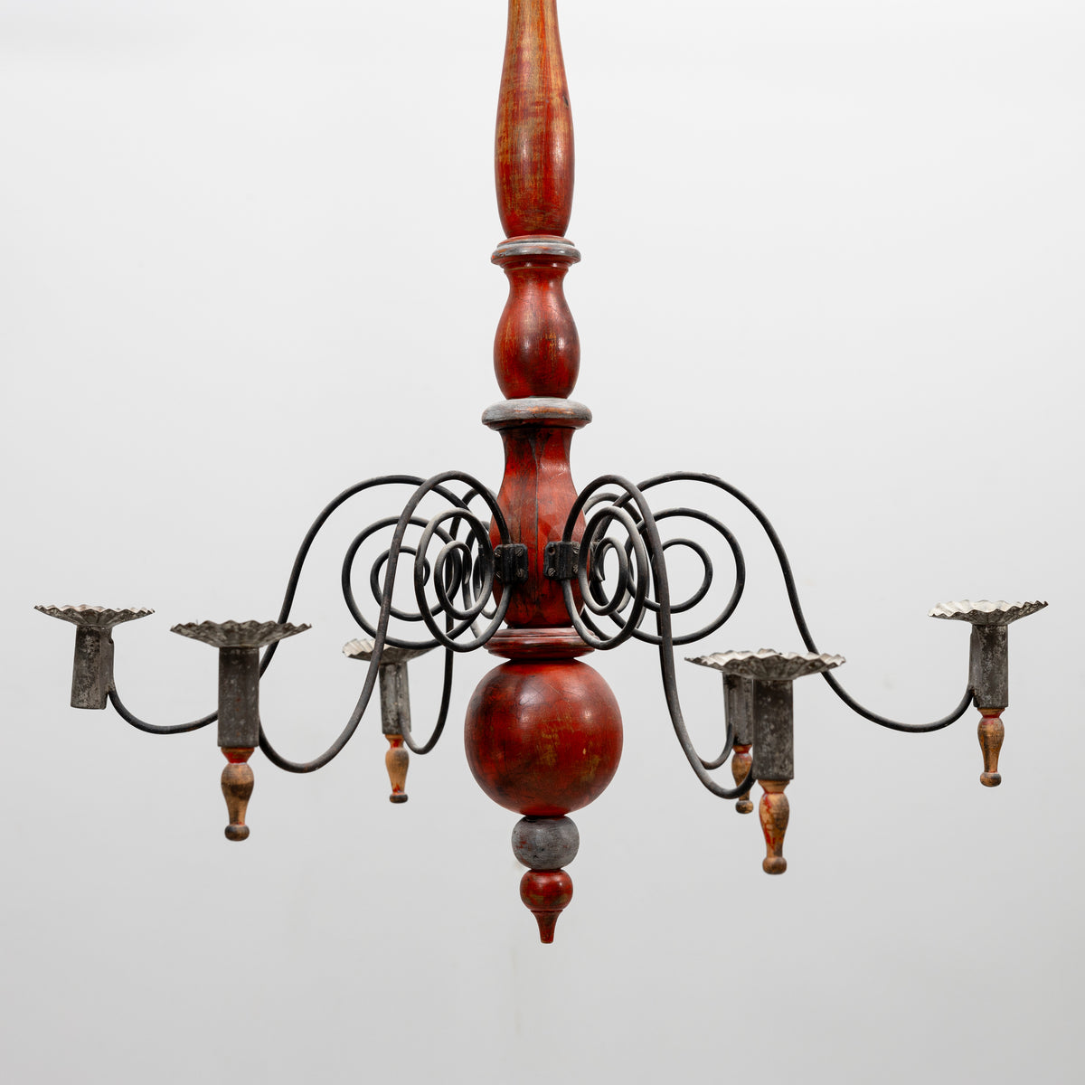 Swedish Painted Wood and Wrought Iron Chandelier, 20th Century