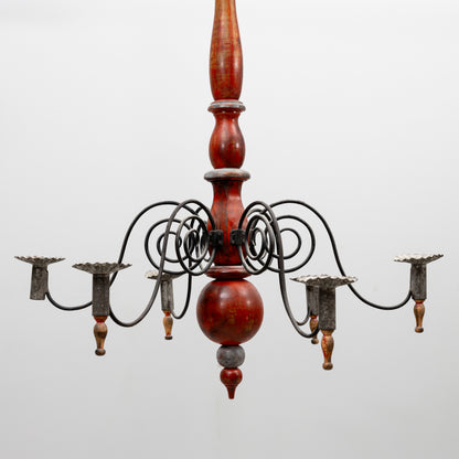 Swedish Painted Wood and Wrought Iron Chandelier, 20th Century