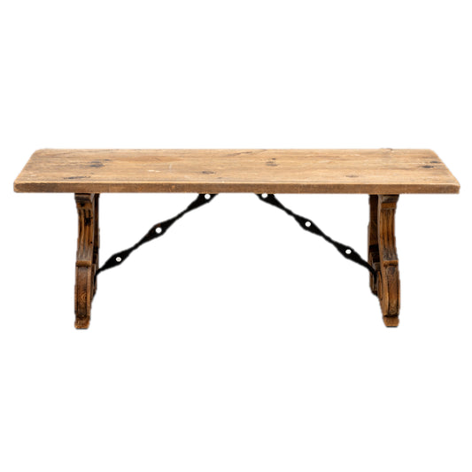 Spanish Renaissance Style Pine Bench with Lyre Legs, 20th Century