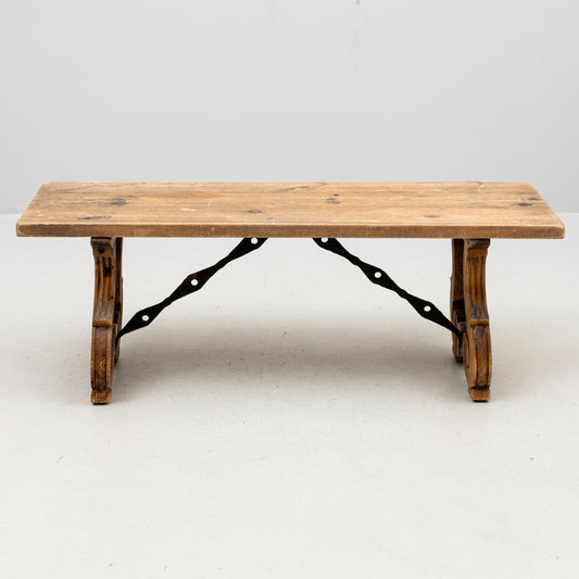 Spanish Renaissance Style Pine Bench with Lyre Legs, 20th Century