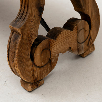Spanish Renaissance Style Pine Bench with Lyre Legs, 20th Century