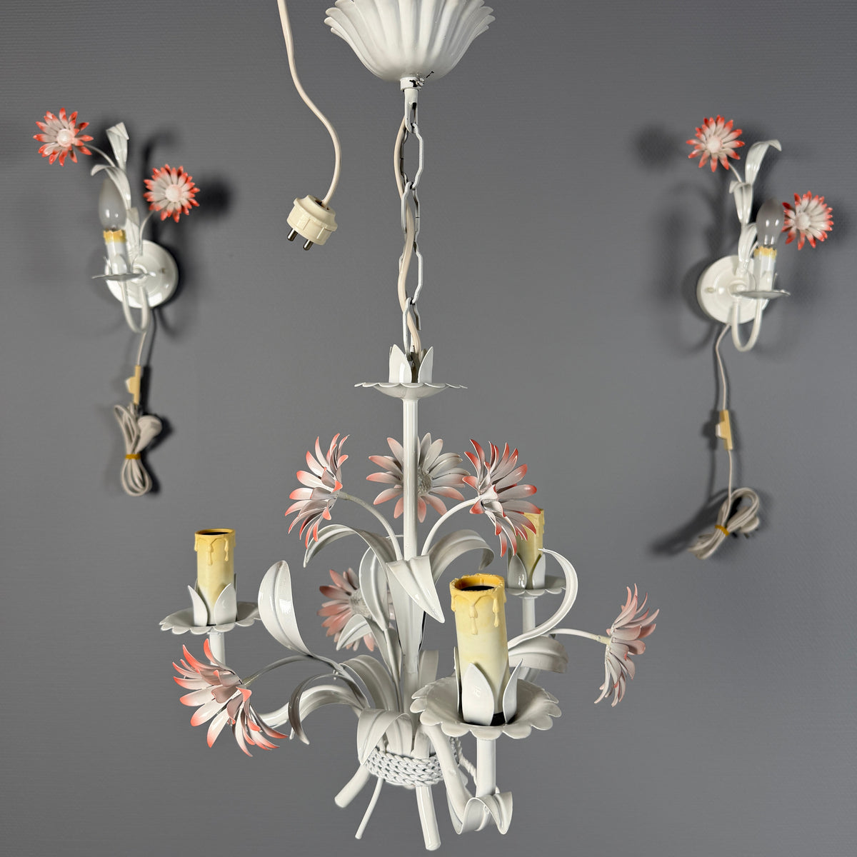 Floral toleware chandelier and wall sconces