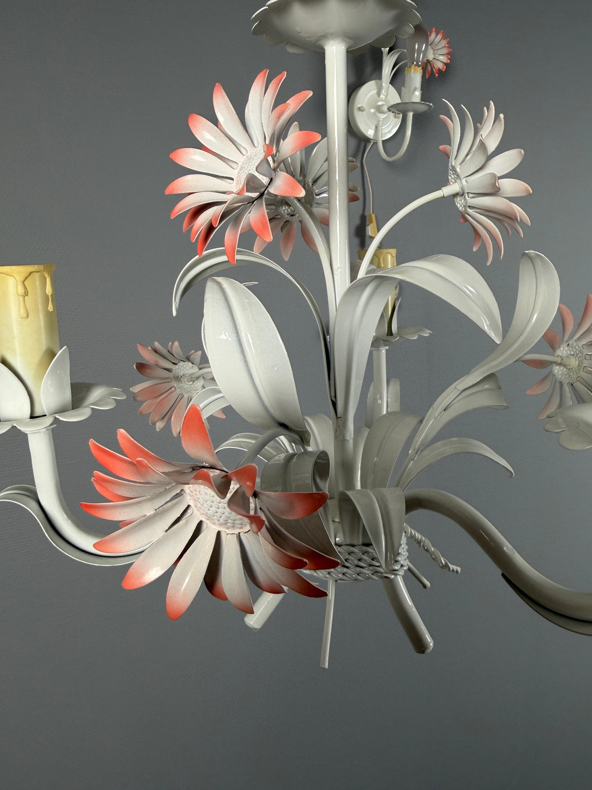 Floral Toleware Chandelier and Pair of Wall Sconces, 1980s