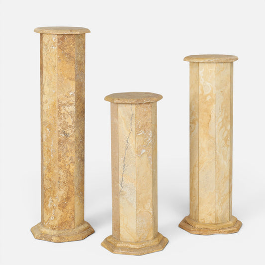 Set of three Italian travertine octagonal pedestals