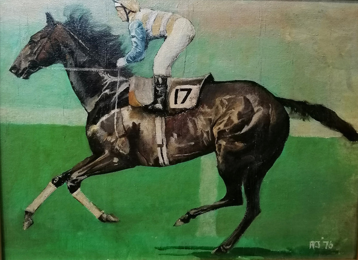 Jockey and racehorse oil on board