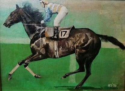 Jockey and racehorse oil on board