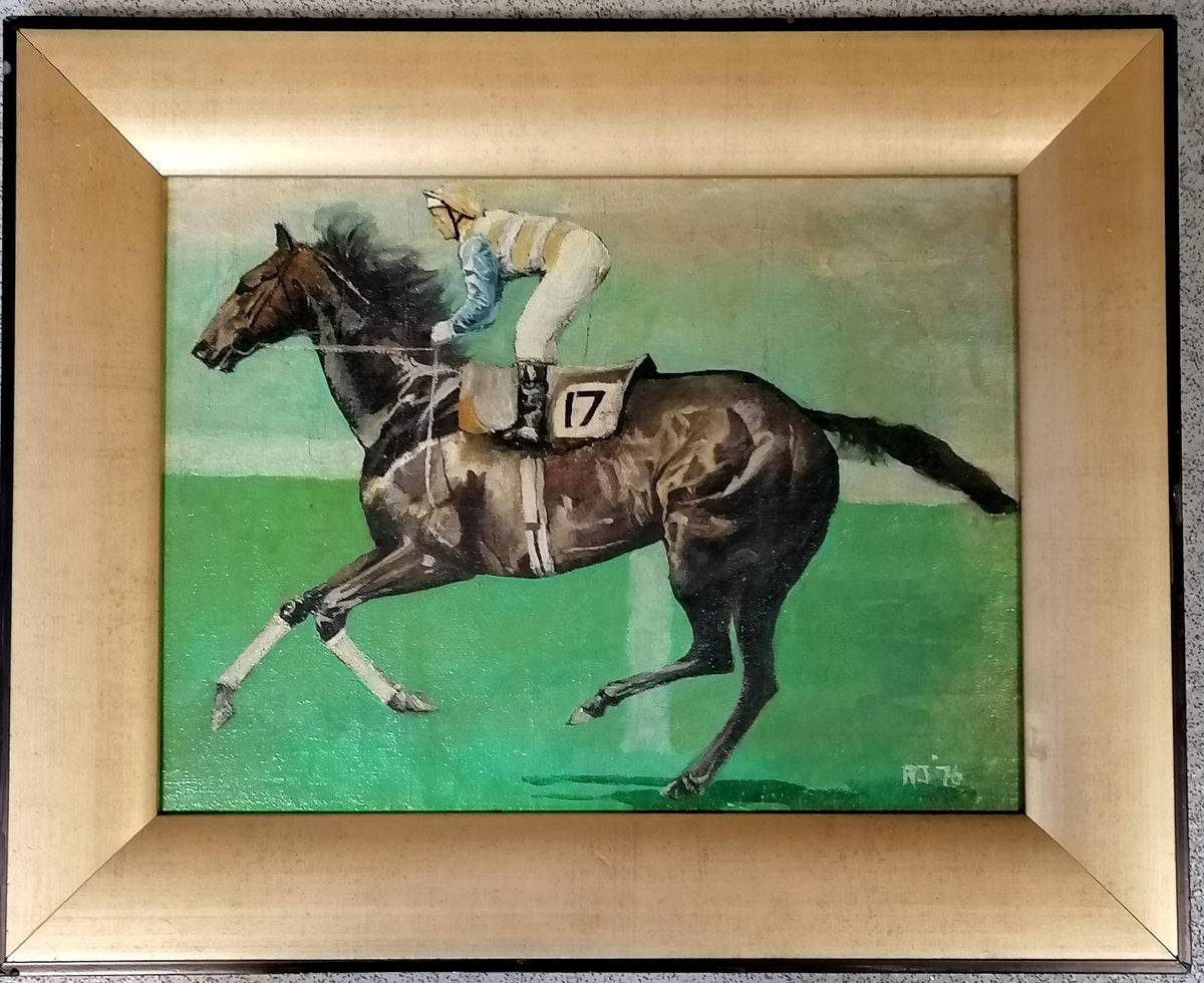 Jockey and Racehorse Oil on Board, Initialled R.J. '76