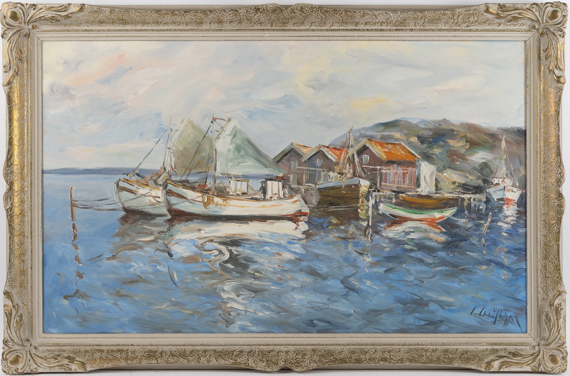 Framed coastal harbor scene oil painting with boats in harbor