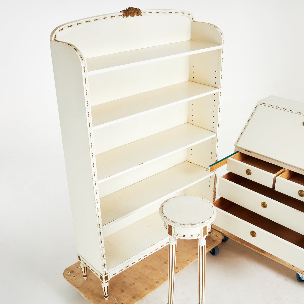 Gustavian Style White Painted Bookcase, Secretary and Pedestal, Three Pieces