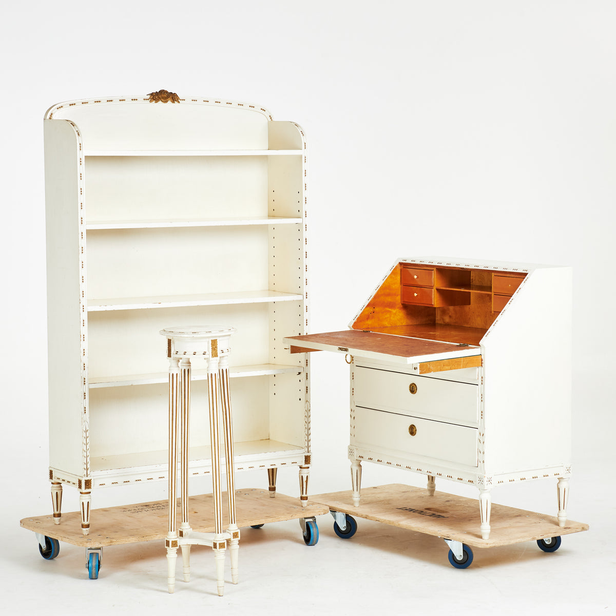 Gustavian style white painted bookcase, secretary and pedestal