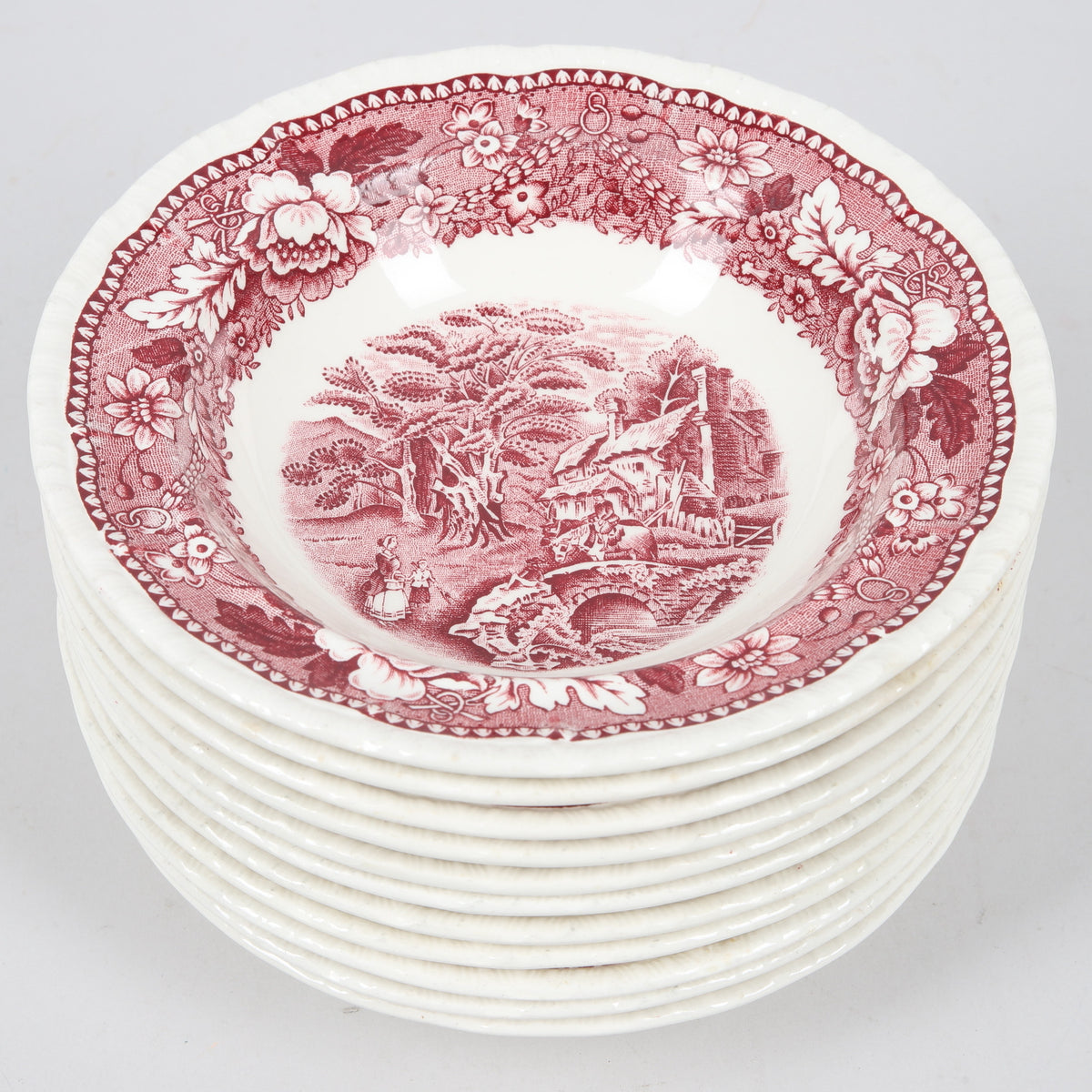 Set of 11 Bristol Pottery "English Scenes" Dessert Bowls, 20th Century
