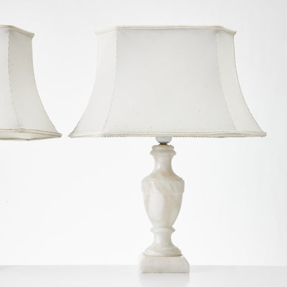 Set of Three Alabaster Table Lamps with Linen Shades