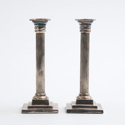 Pair of Gustavian style silver plate column candlesticks