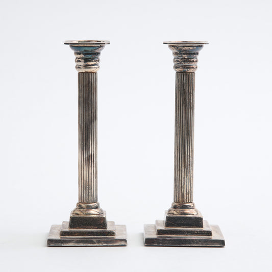 Pair of Gustavian style silver plate column candlesticks