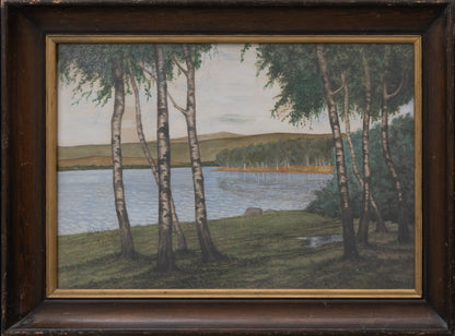 Swedish Lake Landscape Watercolor, Framed