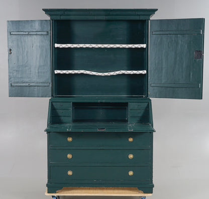 Swedish Folk Art Green Painted Writing Cabinet, 18th/19th Century