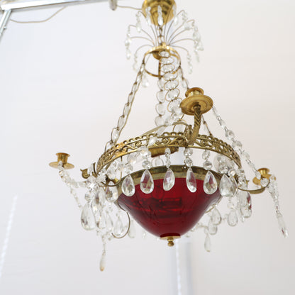 Gustavian Style Chandelier with Red Tinted Glass, 20th Century