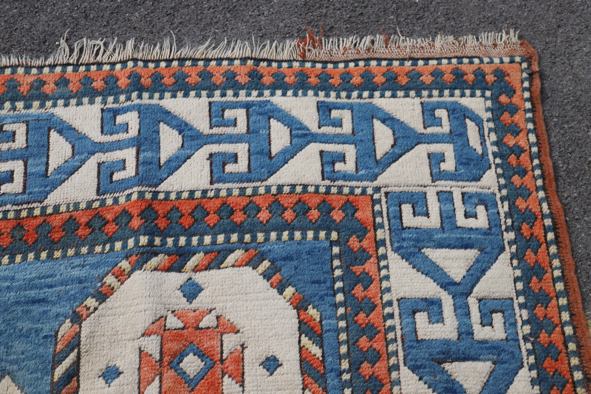 Turkish Carpet with Indigo Field and Sky Blue Medallion