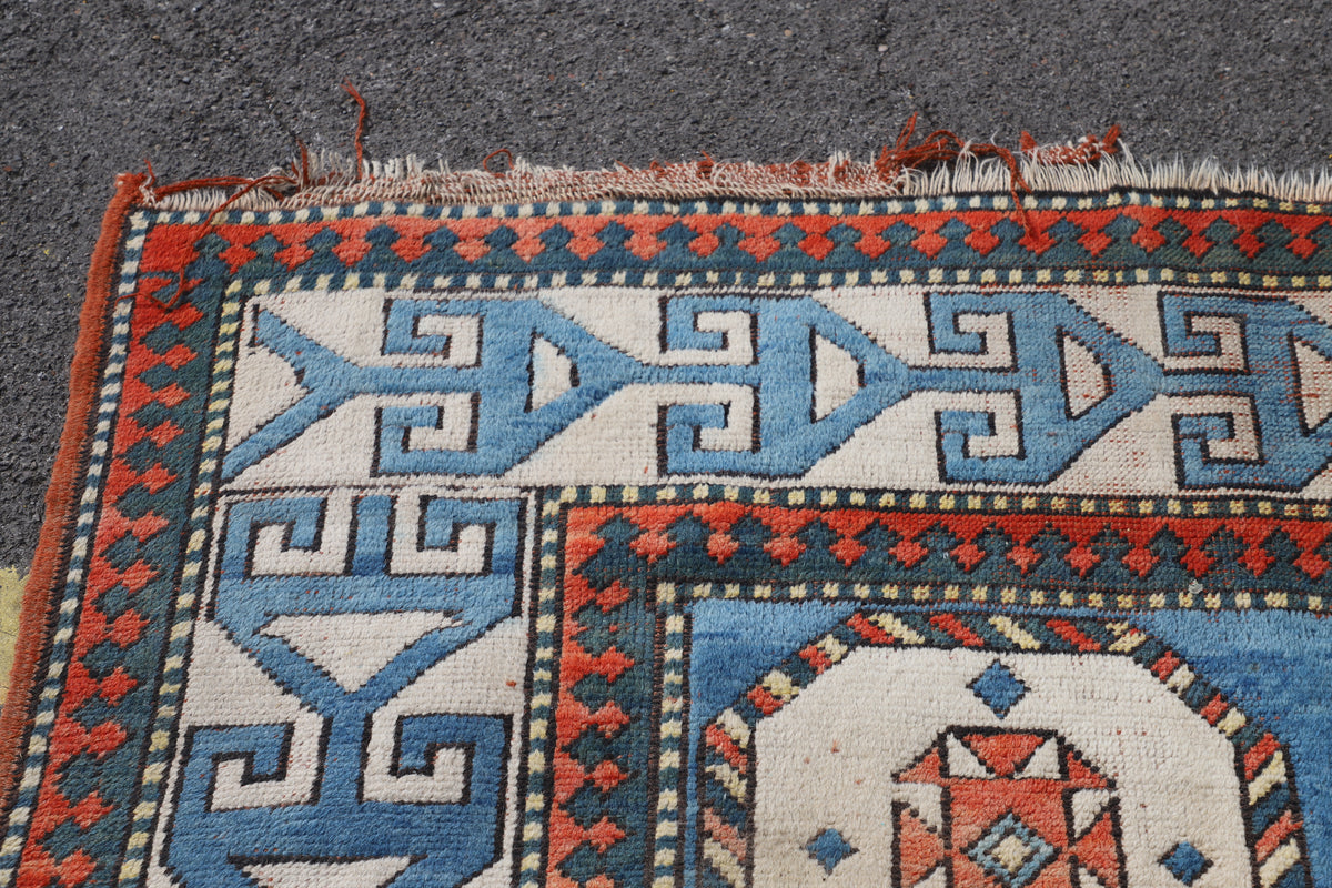 Turkish Carpet with Indigo Field and Sky Blue Medallion