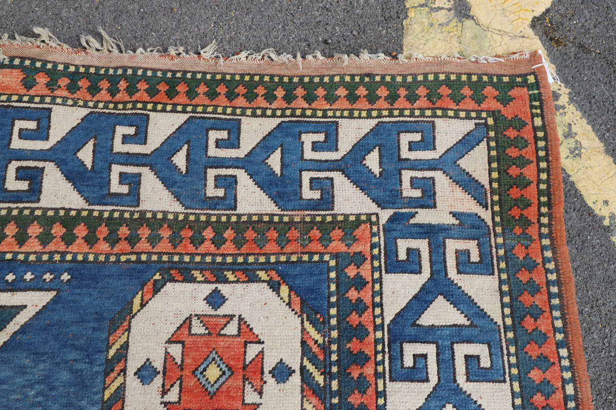 Turkish Carpet with Indigo Field and Sky Blue Medallion