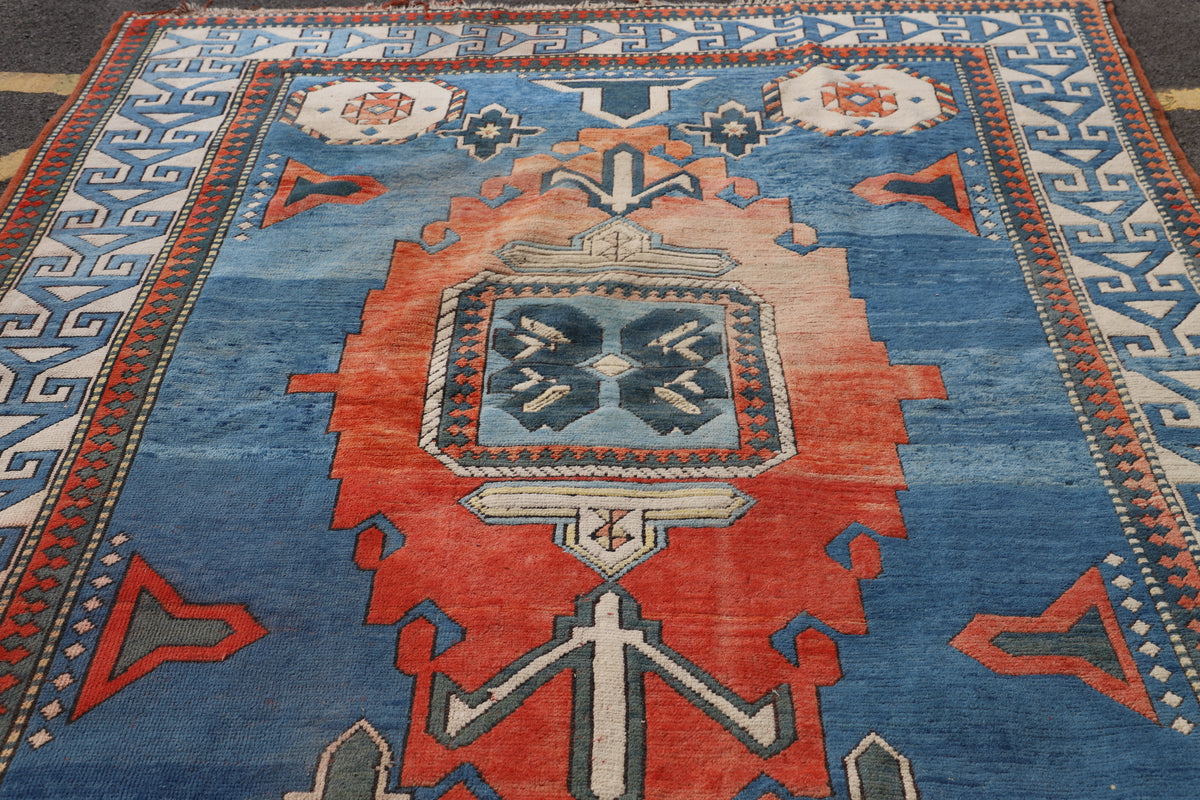 Turkish Carpet with Indigo Field and Sky Blue Medallion