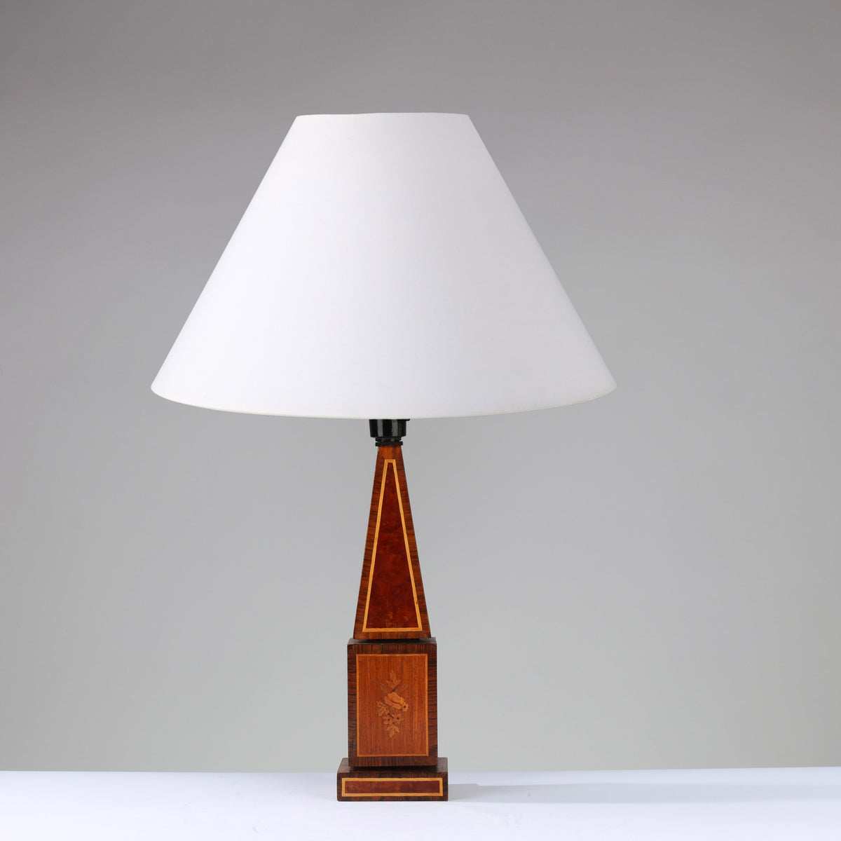 Danish obelisk table lamp in inlaid wood