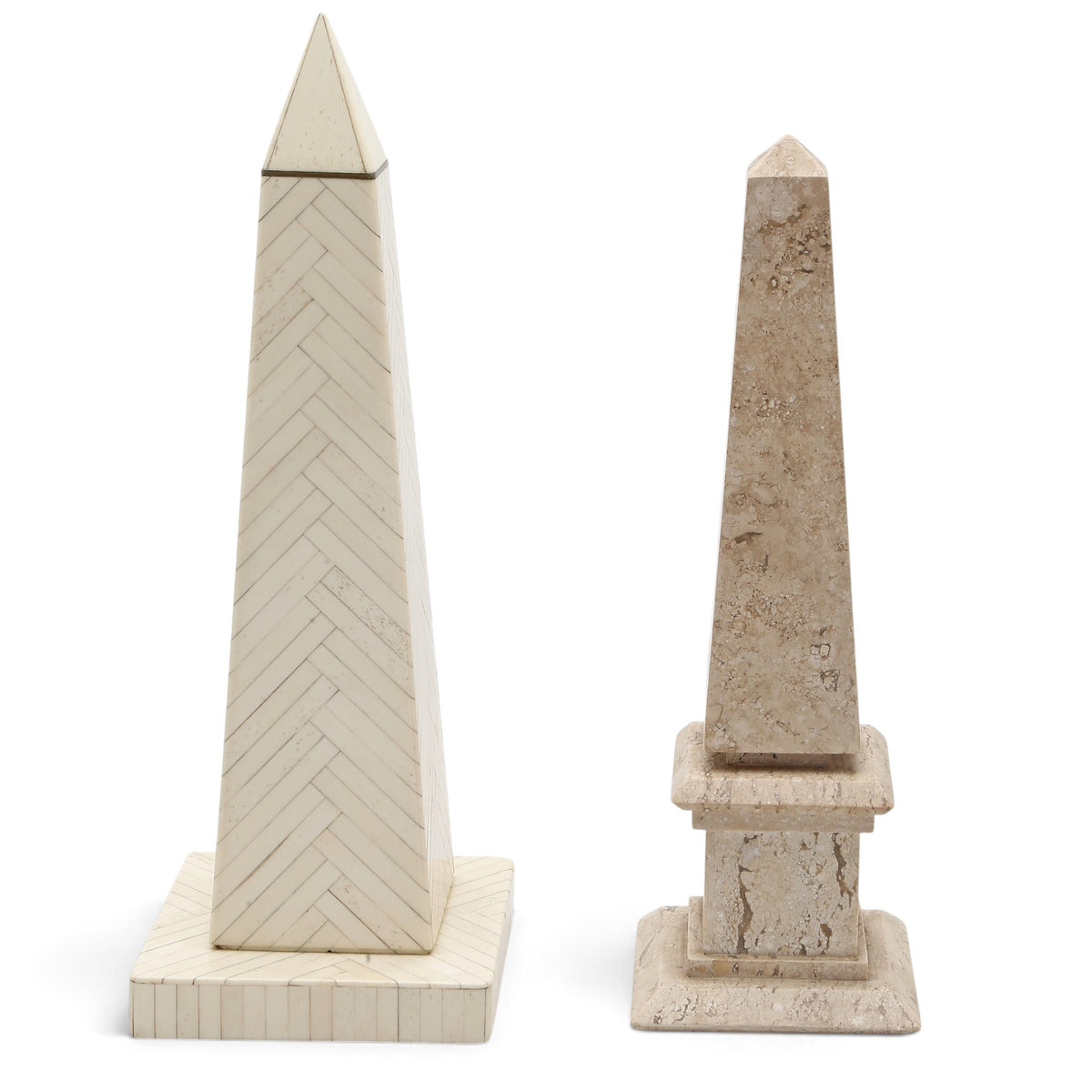 Two obelisks in bone inlay and travertine