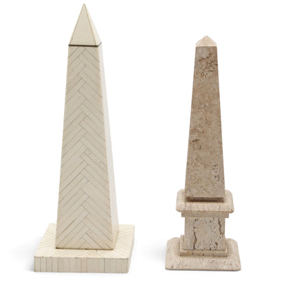 Two obelisks in bone inlay and travertine