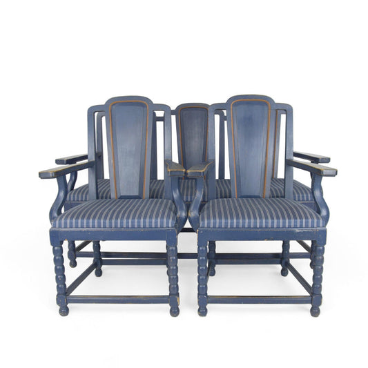 Swedish Painted Sofa & Armchair Set, Blue Striped Upholstery, Early 20th Century (3-Piece Suite)
