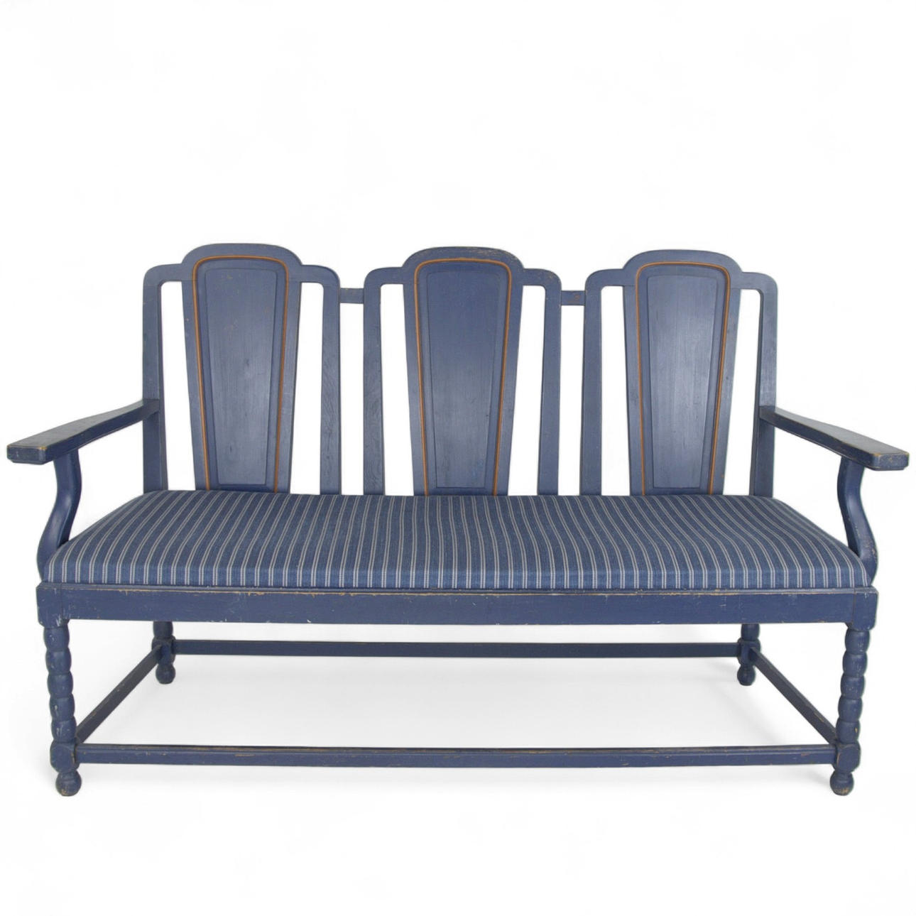 Swedish Painted Sofa & Armchair Set, Blue Striped Upholstery, Early 20th Century (3-Piece Suite)