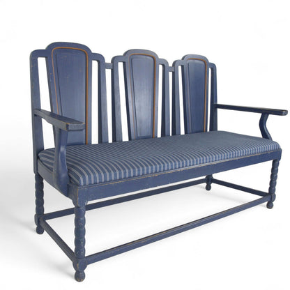 Swedish Painted Sofa & Armchair Set, Blue Striped Upholstery, Early 20th Century (3-Piece Suite)