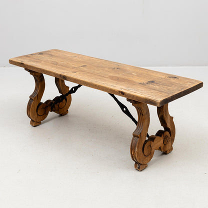 Spanish Renaissance Style Pine Bench with Lyre Legs, 20th Century