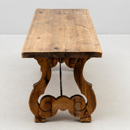 Spanish Renaissance Style Pine Bench with Lyre Legs, 20th Century
