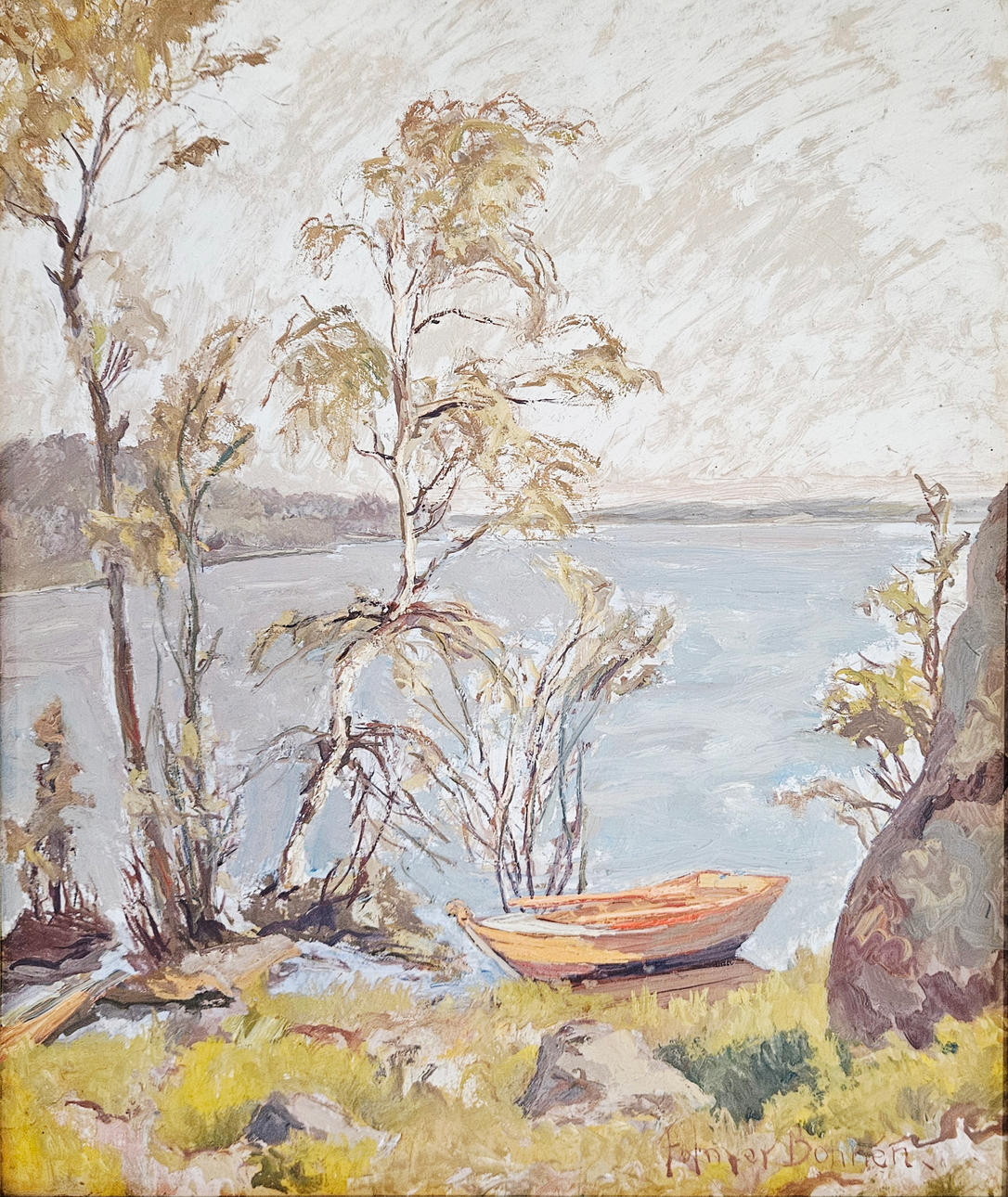 Folmer Bonnén oil on panel of a rowboat at the water's edge