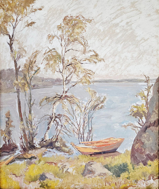 Folmer Bonnén oil on panel of a rowboat at the water's edge