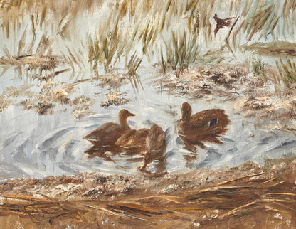 Johannes Ravn oil painting of ducks at the water's edge