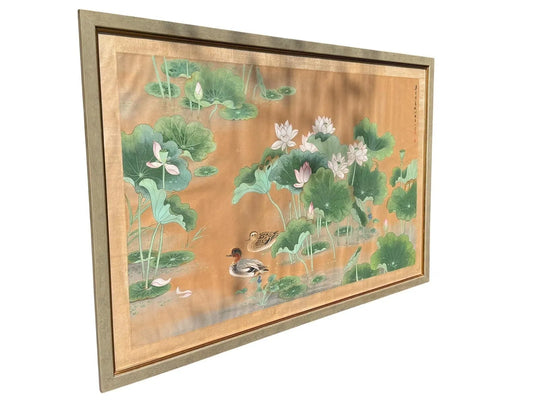 Large Chinese watercolor painting with ducks and lotus