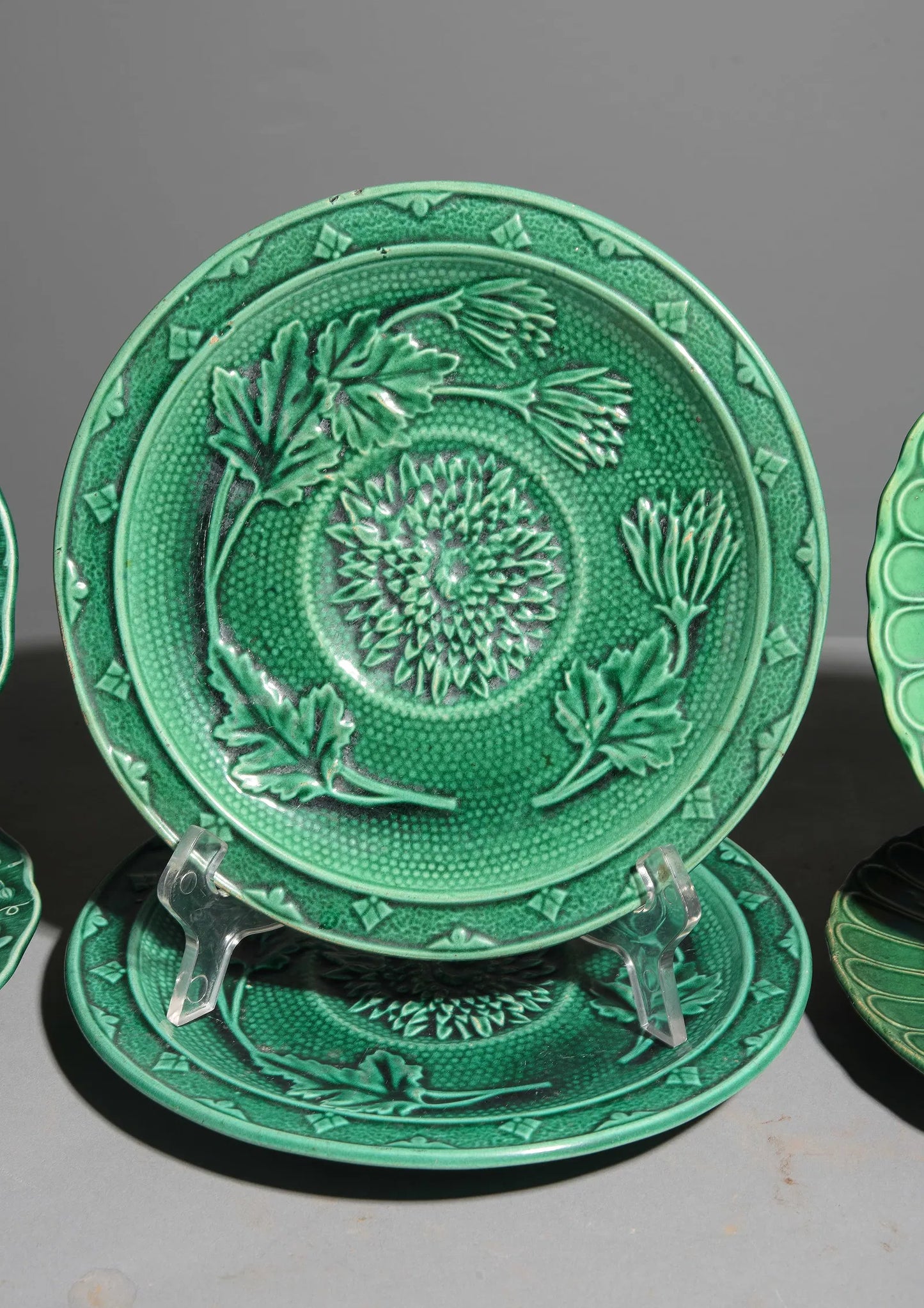 Green Majolica Leaf Plates, Set of Six