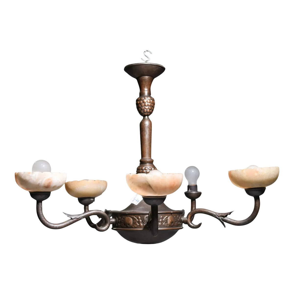 Mid 20th Century Swedish Art Nouveau Style Chandelier With Alabaster Shades