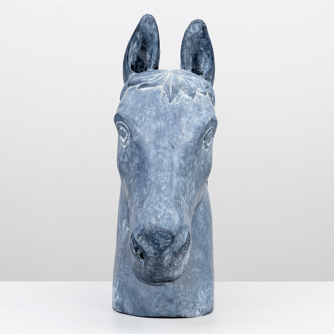 Painted wood horse head sculpture from Sweden, front view