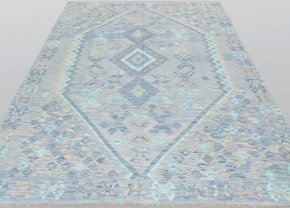 Handwoven Kilim Rug in Blue & Gray Geometric Design