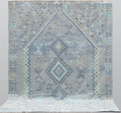 Handwoven Kilim Rug in Blue & Gray Geometric Design