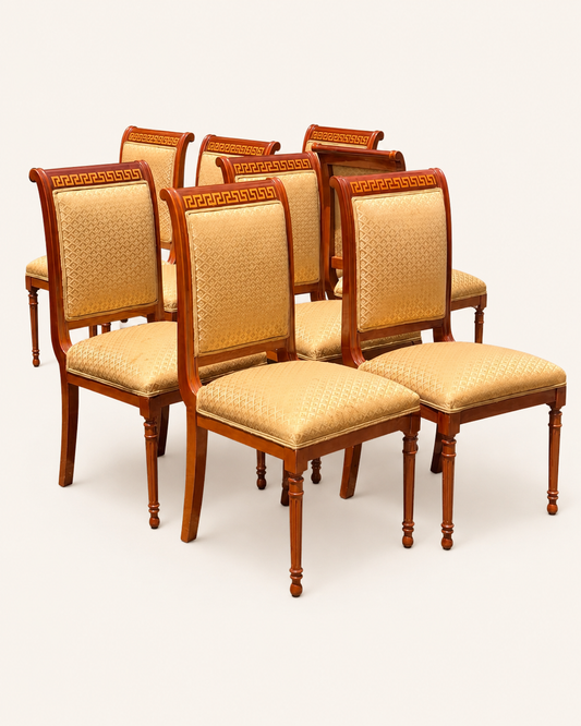 Set of 8 mahogany Greek key border chairs with upholstered backs and seats