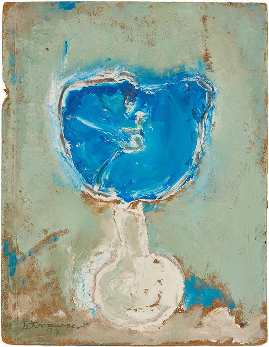 Sterling Strauser oil on board painting of a blue wine glass, signed and dated 1993